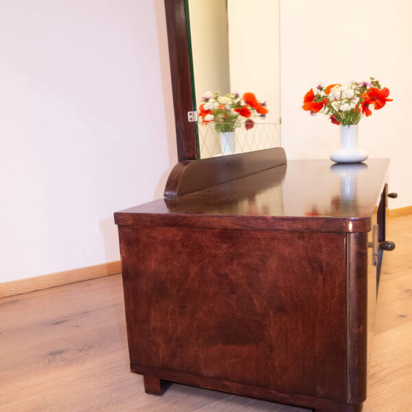 Spiegelkommode Geflammte Birke Gebeizt 1950er Jahre 11 Mid-century Modern Design Style Retro Möbel