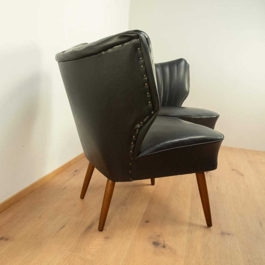 2 Cocktailsessel Buche und Schwarzes Kunstleder 1950er Jahre Mid-century Modern Design Style Retro Möbel