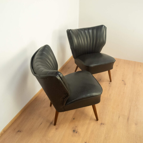 2 Cocktailsessel Buche und Schwarzes Kunstleder 1950er Jahre Mid-century Modern Design Style Retro Möbel