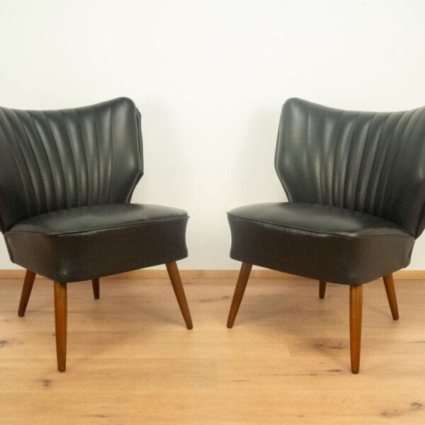 2 Cocktailsessel Buche und Schwarzes Kunstleder 1950er Jahre Mid-century Modern Design Style Retro Möbel