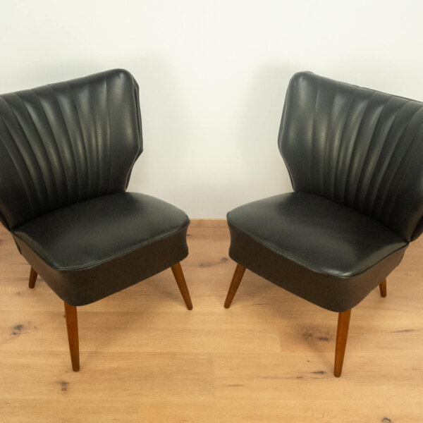 2 Cocktailsessel Buche und Schwarzes Kunstleder 1950er Jahre Mid-century Modern Design Style Retro Möbel