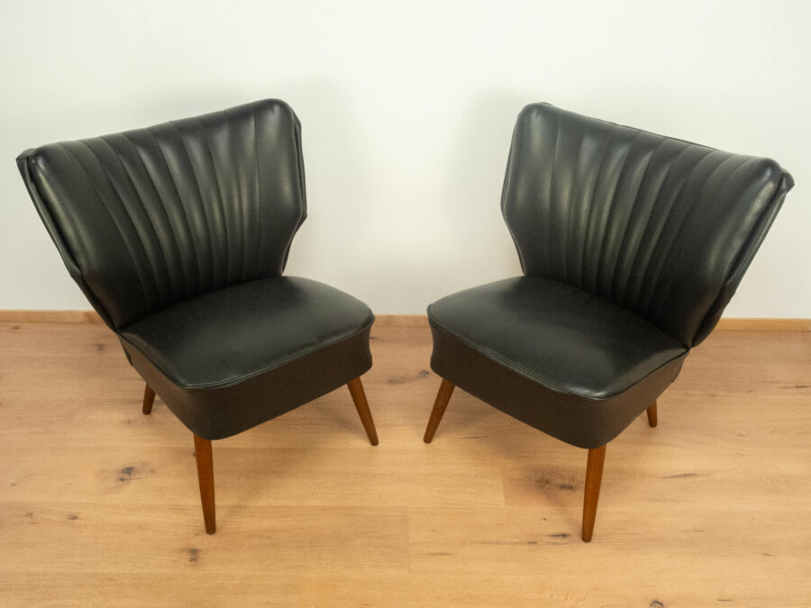 2 Cocktailsessel Buche und Schwarzes Kunstleder 1950er Jahre Mid-century Modern Design Style Retro Möbel