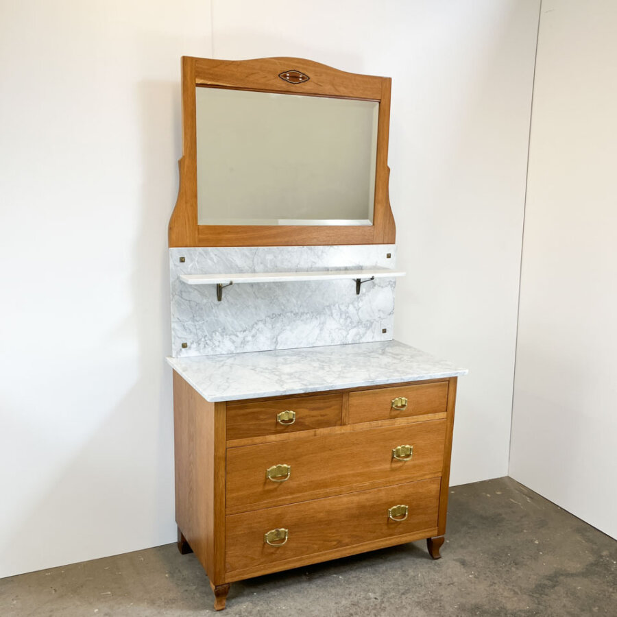 Jugendstil Kommode Waschtisch Mit Marmor Und Spiegelaufsatz Eiche 1910er Jahre Mid-century Modern Design Style Retro Furniture