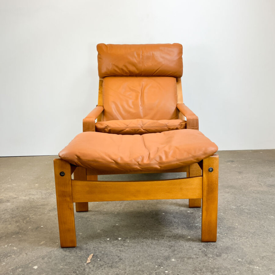 Set Aus Loungechair Und Ottomane Von Westnofa Buche Und Leder 1970er Jahre Mid-century Modern Design Style Retro Furniture