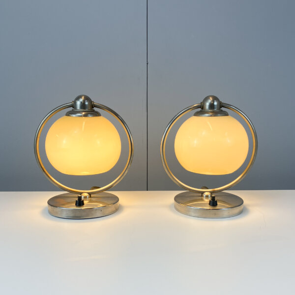 2 Tisch  Wandleuchten Vernickelter Lampenfuss Glasschirm Art Deco Mid-century Modern Design Style Retro Furniture