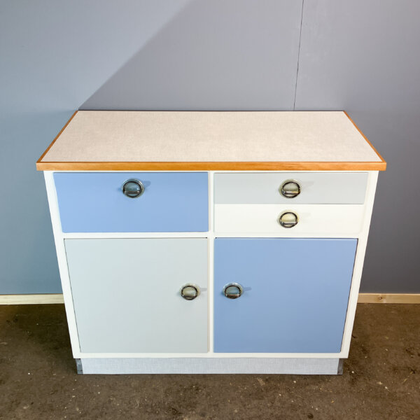 Kuechenschraenke Mit Blaugrau Melierter Resopalplatte 60er Jahre Mid-century Modern Design Style Retro Furniture