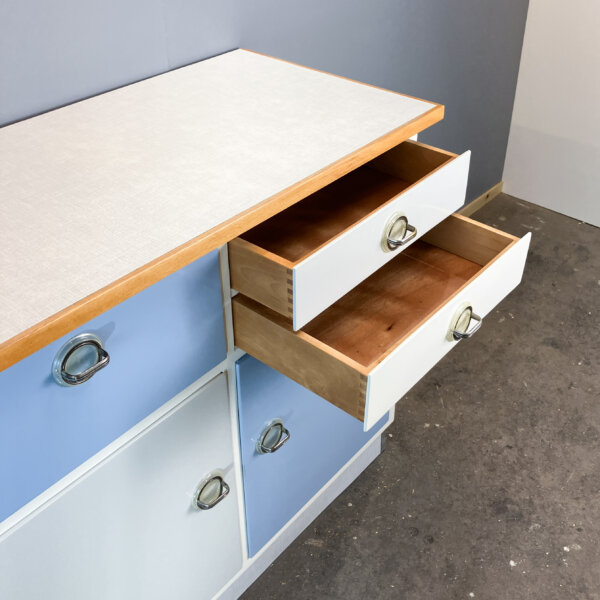 Kuechenschraenke Mit Blaugrau Melierter Resopalplatte 60er Jahre Mid-century Modern Design Style Retro Furniture