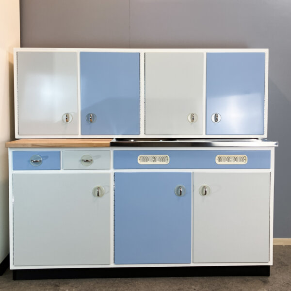Kuechenschraenke Pastellblau Und Hellgrau 60er Jahre Mid-century Modern Design Style Retro Furniture