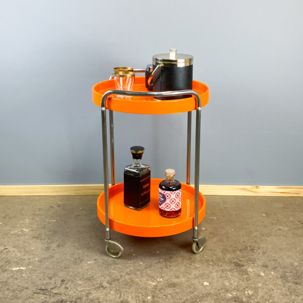 Space Age Servierwagen Chrom Und Orangene Kunststofftabletts 70er Jahre Mid-century Modern Design Style Retro Furniture