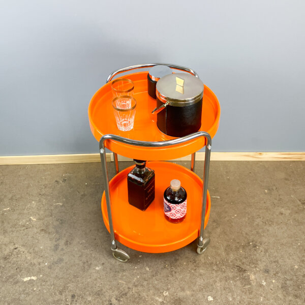 Space Age Servierwagen Chrom Und Orangene Kunststofftabletts 70er Jahre Mid-century Modern Design Style Retro Furniture