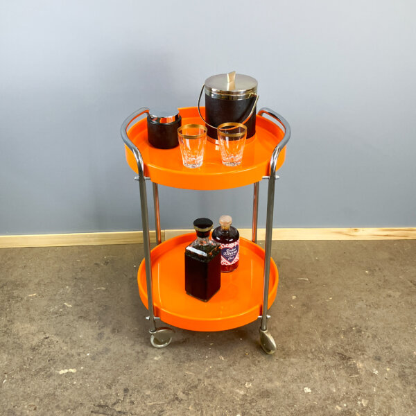 Space Age Servierwagen Chrom Und Orangene Kunststofftabletts 70er Jahre Mid-century Modern Design Style Retro Furniture