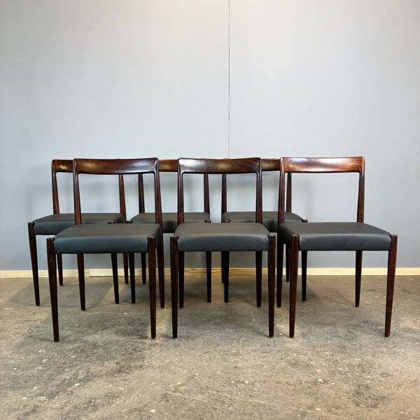 6er Set Luebke Stuehle Palisander Und Schwarzes Kunstleder 60er Jahre Mid-century Modern Design Style Retro Furniture