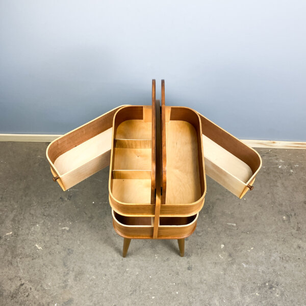 Aufklappbares Naehkaestchen Nussbaum Und Buche 60er Jahre Mid-century Modern Design Style Retro Furniture