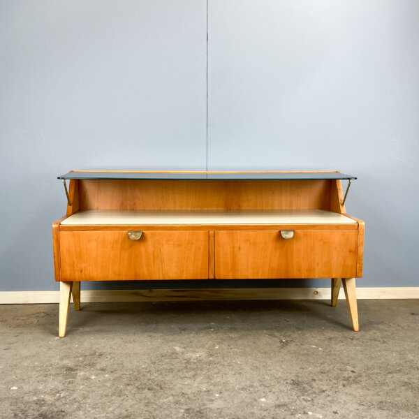 Kleine Kommode Mit Schwarzer Und Weisser Glasplatte Birnbaum 50er Jahre Mid-century Modern Design Style Retro Furniture