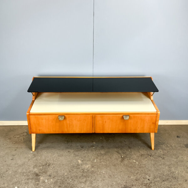 Kleine Kommode Mit Schwarzer Und Weisser Glasplatte Birnbaum 50er Jahre Mid-century Modern Design Style Retro Furniture