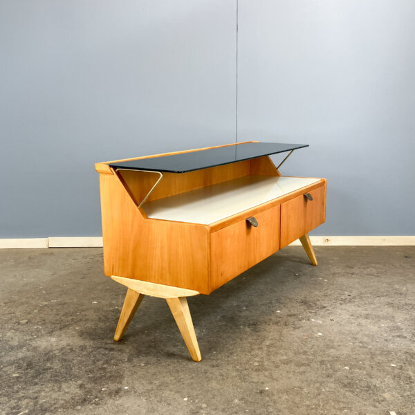 Kleine Kommode Mit Schwarzer Und Weisser Glasplatte Birnbaum 50er Jahre Mid-century Modern Design Style Retro Furniture