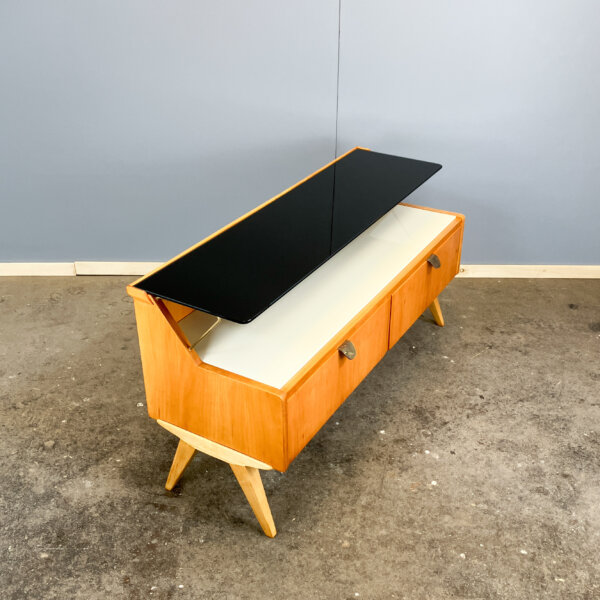 Kleine Kommode Mit Schwarzer Und Weisser Glasplatte Birnbaum 50er Jahre Mid-century Modern Design Style Retro Furniture