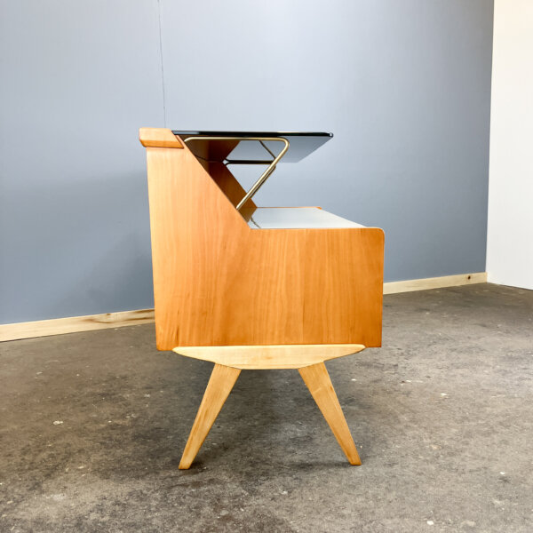 Kleine Kommode Mit Schwarzer Und Weisser Glasplatte Birnbaum 50er Jahre Mid-century Modern Design Style Retro Furniture