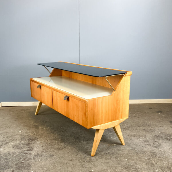 Kleine Kommode Mit Schwarzer Und Weisser Glasplatte Birnbaum 50er Jahre Mid-century Modern Design Style Retro Furniture