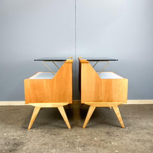 Nachtische Mit Schwarzer Und Weisser Glasplatte Birnbaum 50er Jahre Mid-century Modern Design Style Retro Furniture