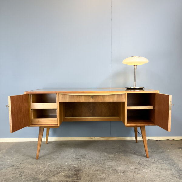 Schreibtisch Mit Glasauflage Nussbaum 50er Jahre Mid-century Modern Design Style Retro Furniture