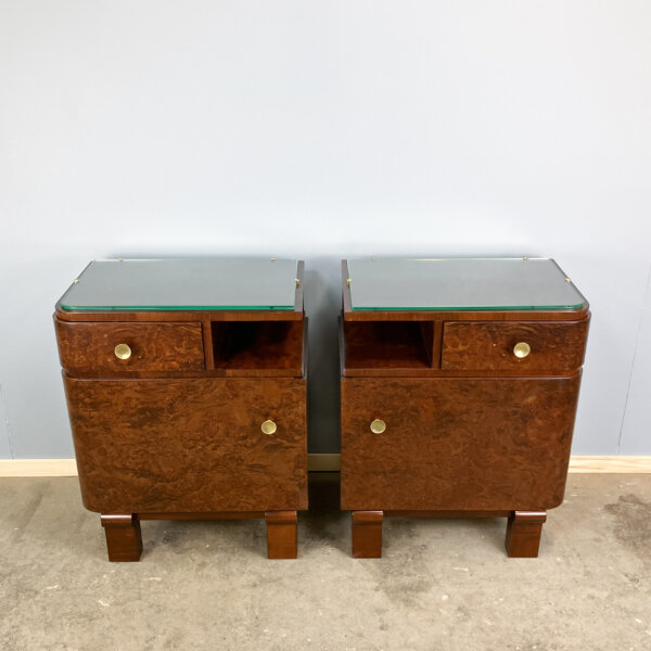 Art Deco Nachttische Wurzelholz Mit Glasauflage 30er Jahre Mid-century Modern Design Style Retro Furniture