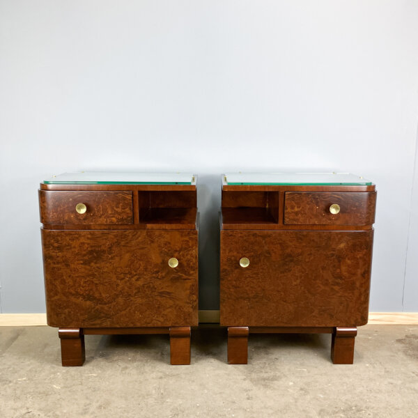 Art Deco Nachttische Wurzelholz Mit Glasauflage 30er Jahre Mid-century Modern Design Style Retro Furniture