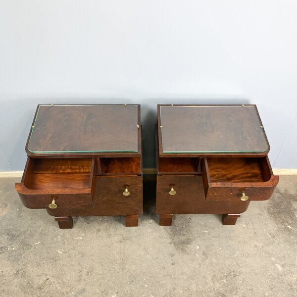 Art Deco Nachttische Wurzelholz Mit Glasauflage 30er Jahre Mid-century Modern Design Style Retro Furniture