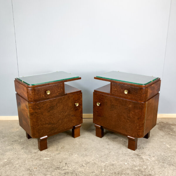 Art Deco Nachttische Wurzelholz Mit Glasauflage 30er Jahre Mid-century Modern Design Style Retro Furniture