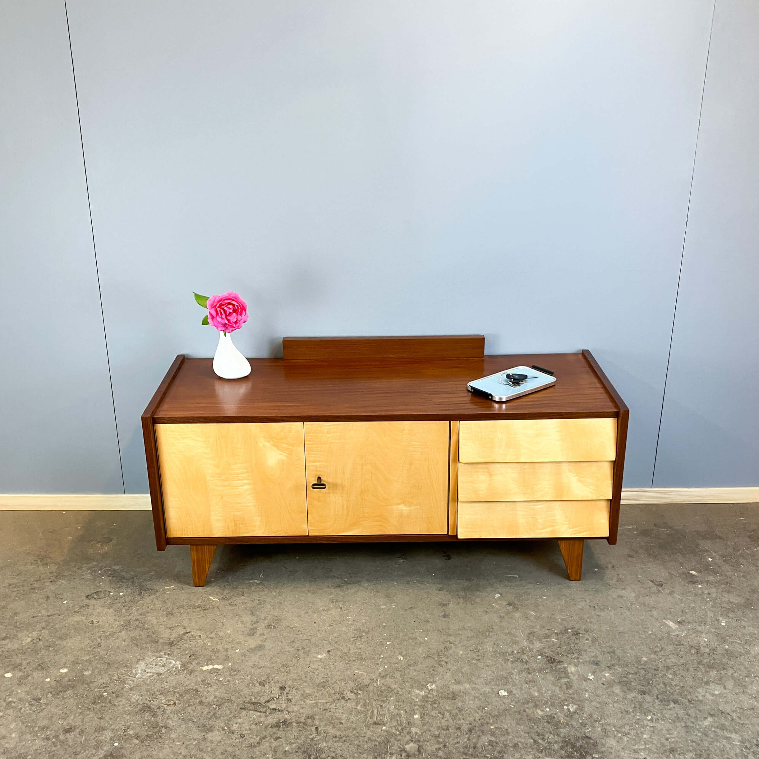 Lowboard, small hall chest of drawers, striped maple, 1960s