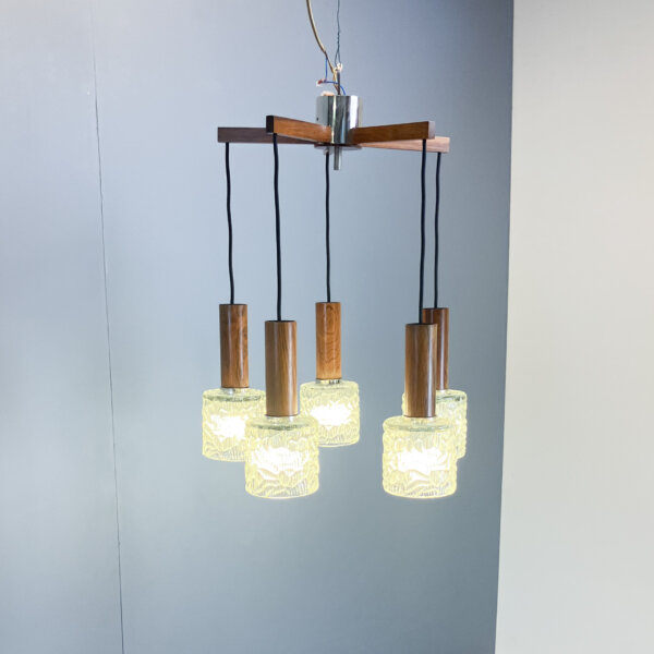 5 Flammige Kaskadenlampe Glasschirme Palisander 60er Jahre Mid-century Modern Design Style Retro Furniture